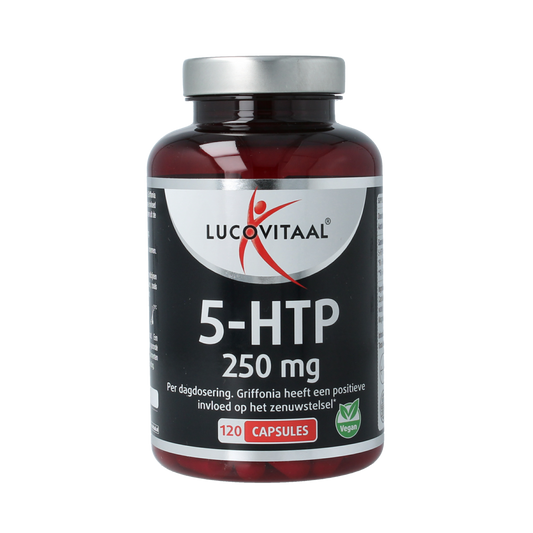 Lucovitaal 5-HTP 250mg capsules, herbal supplement in a blister pack, designed for mood support and relaxation.