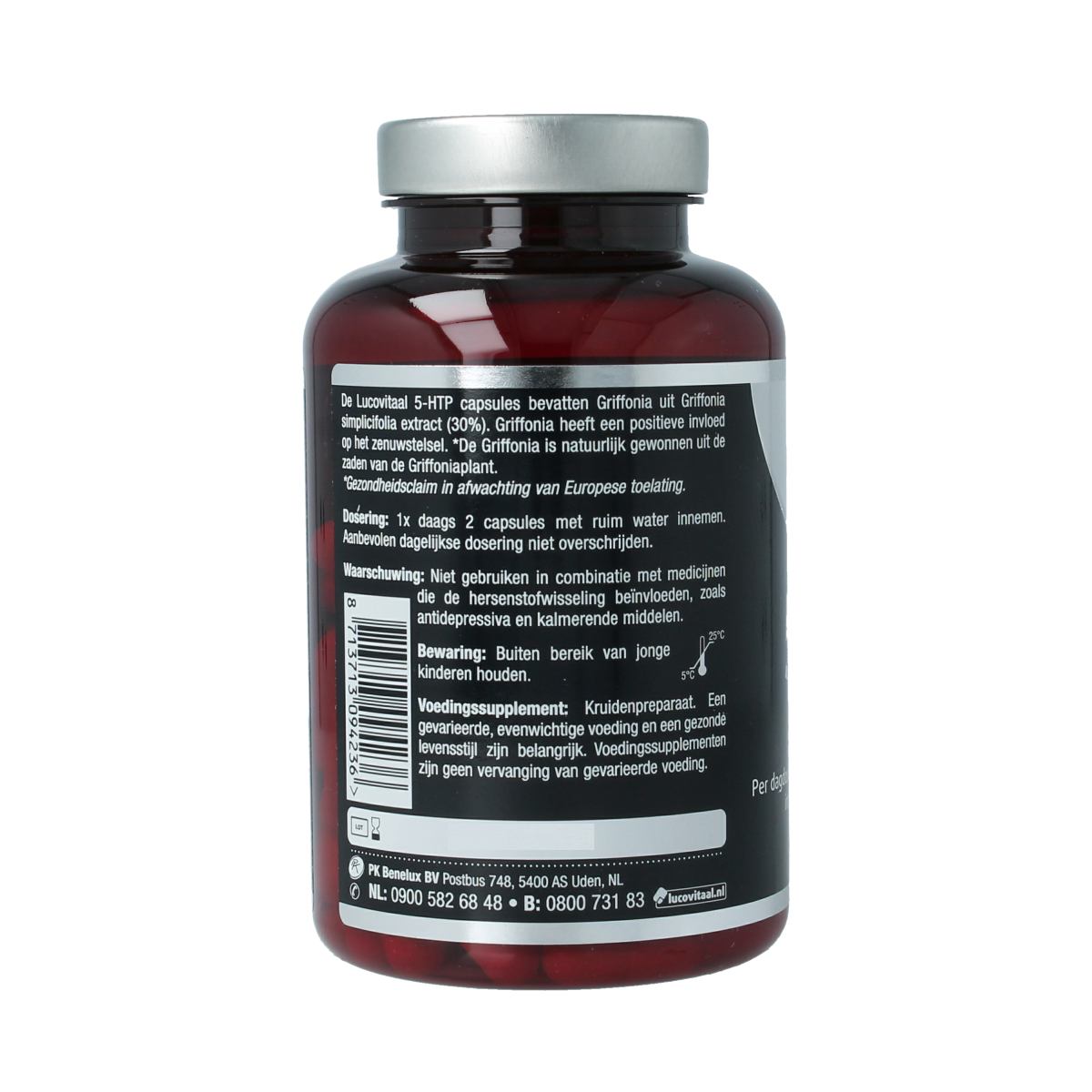 Lucovitaal 5-HTP 250mg capsules, herbal supplement in a clear bottle, with label showing product details and capsules inside.