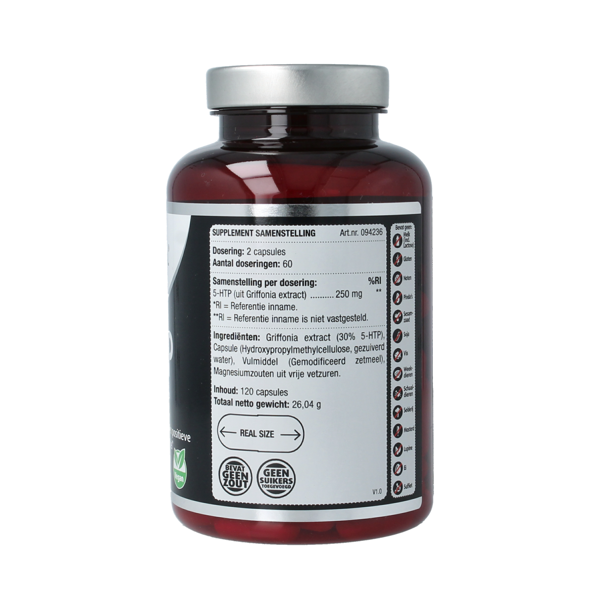 Lucovitaal 5-HTP 250mg herbal supplement capsules, showing a bottle of 120 capsules for mood support and relaxation.
