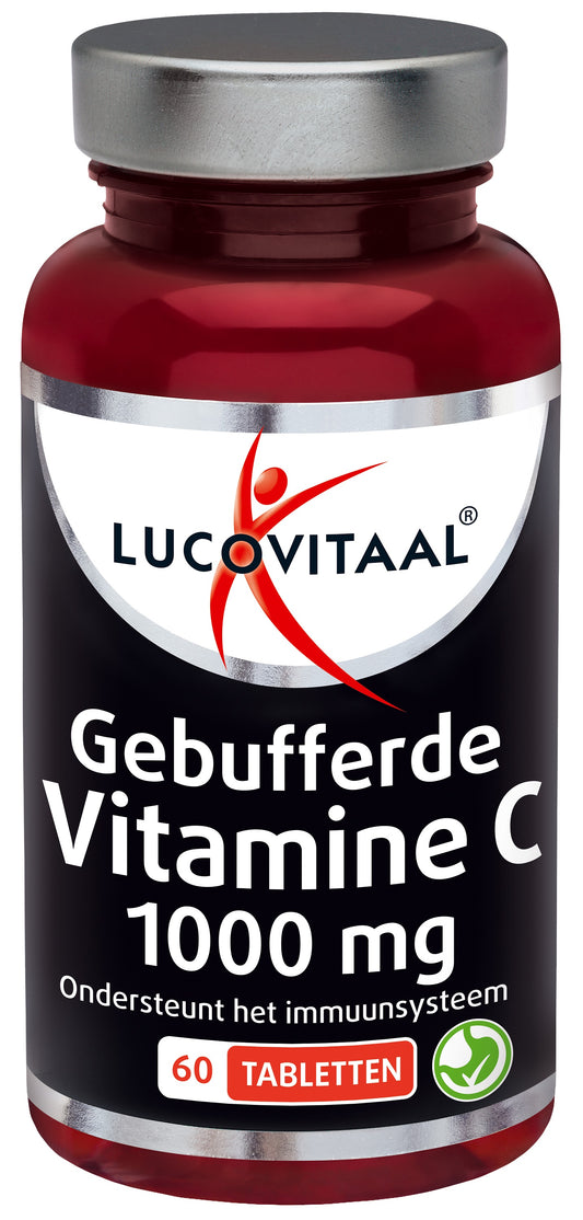 Buffered Vitamin C tablets from Lucovitaal, 60 count, showing the supplement packaging and tablets inside a bottle.