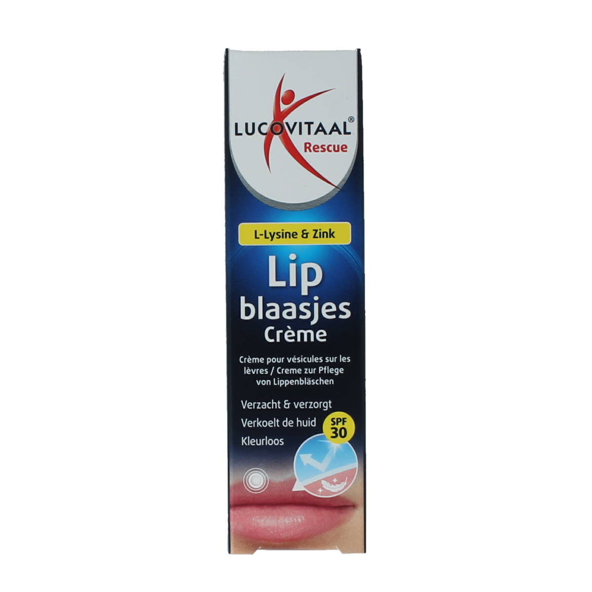 Lucovitaal Lipblaasjes Rescue Creme in 7ml tube, lip care product for cold sores and lip protection.