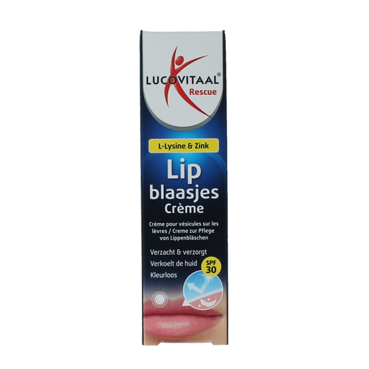 Lucovitaal Lipblaasjes Rescue Creme in 7ml tube, lip care product for cold sores and lip protection.