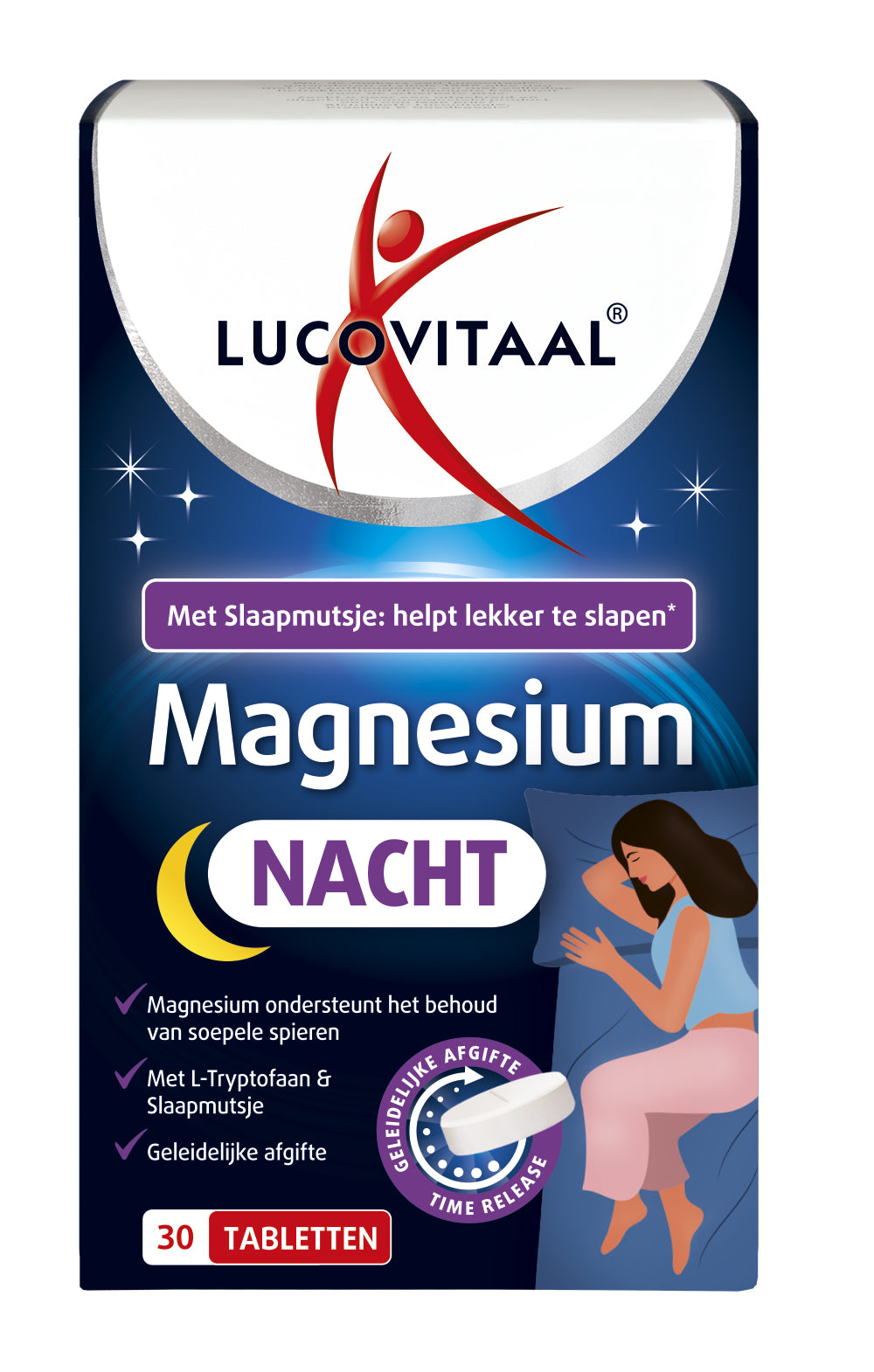 Lucovitaal Magnesium Nacht Complex tablets, mineral supplement, showing a bottle of 30 tablets on a white background.