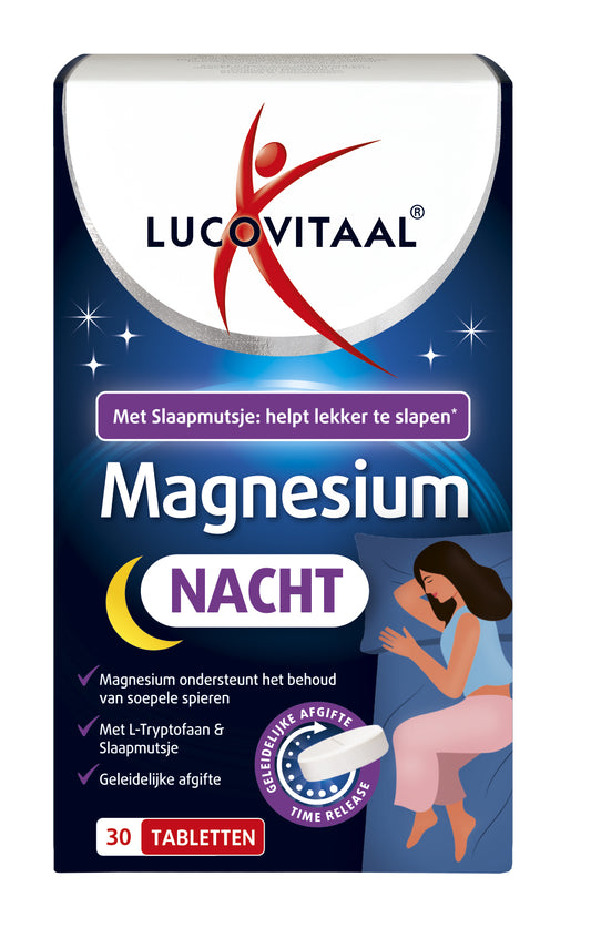 Lucovitaal Magnesium Nacht Complex tablets, mineral supplement, showing a bottle of 30 tablets on a white background.