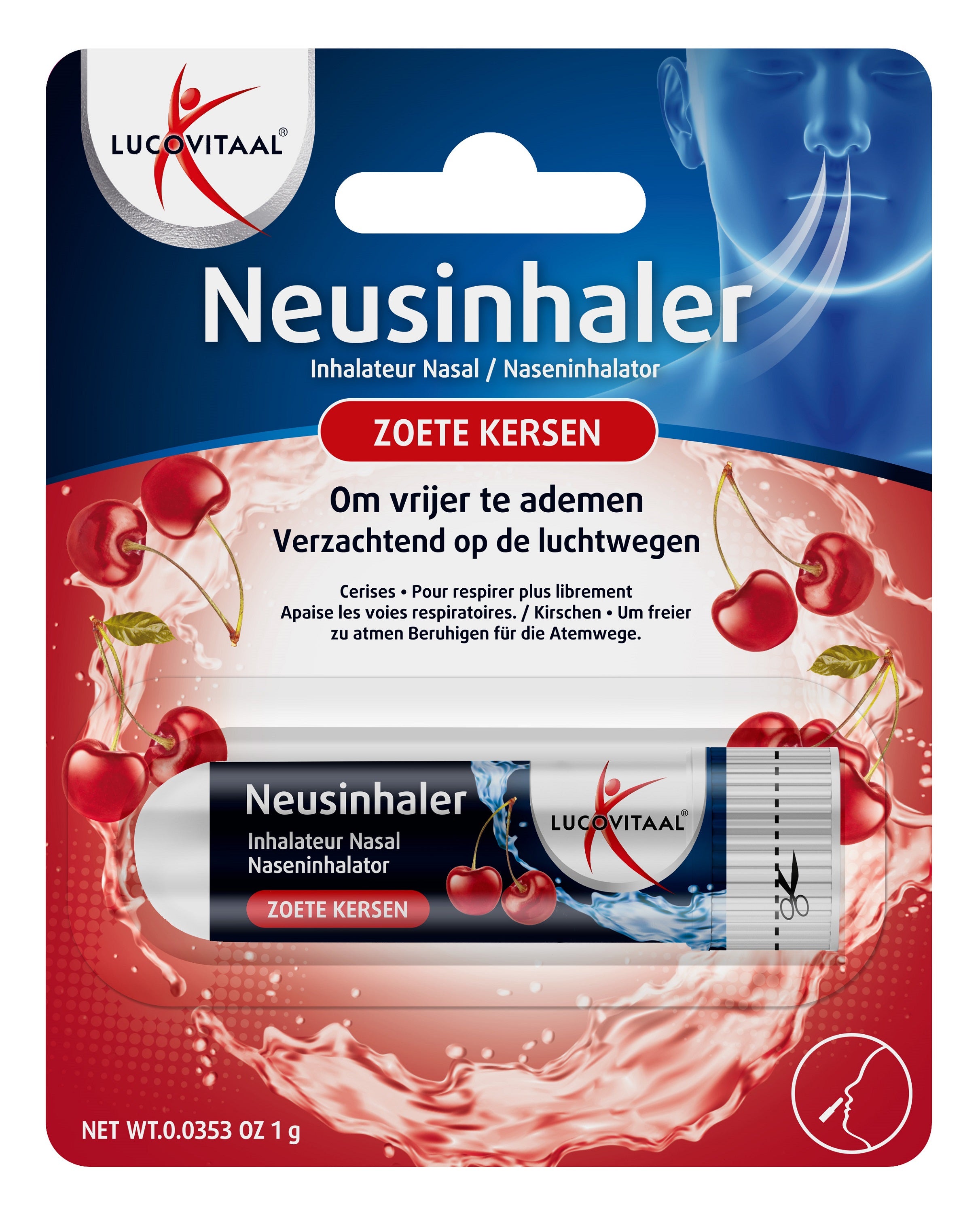Lucovitaal Neusinhaler zoete kersen, neusverzorging en inhalatie product with a compact inhaler device for nasal relief.