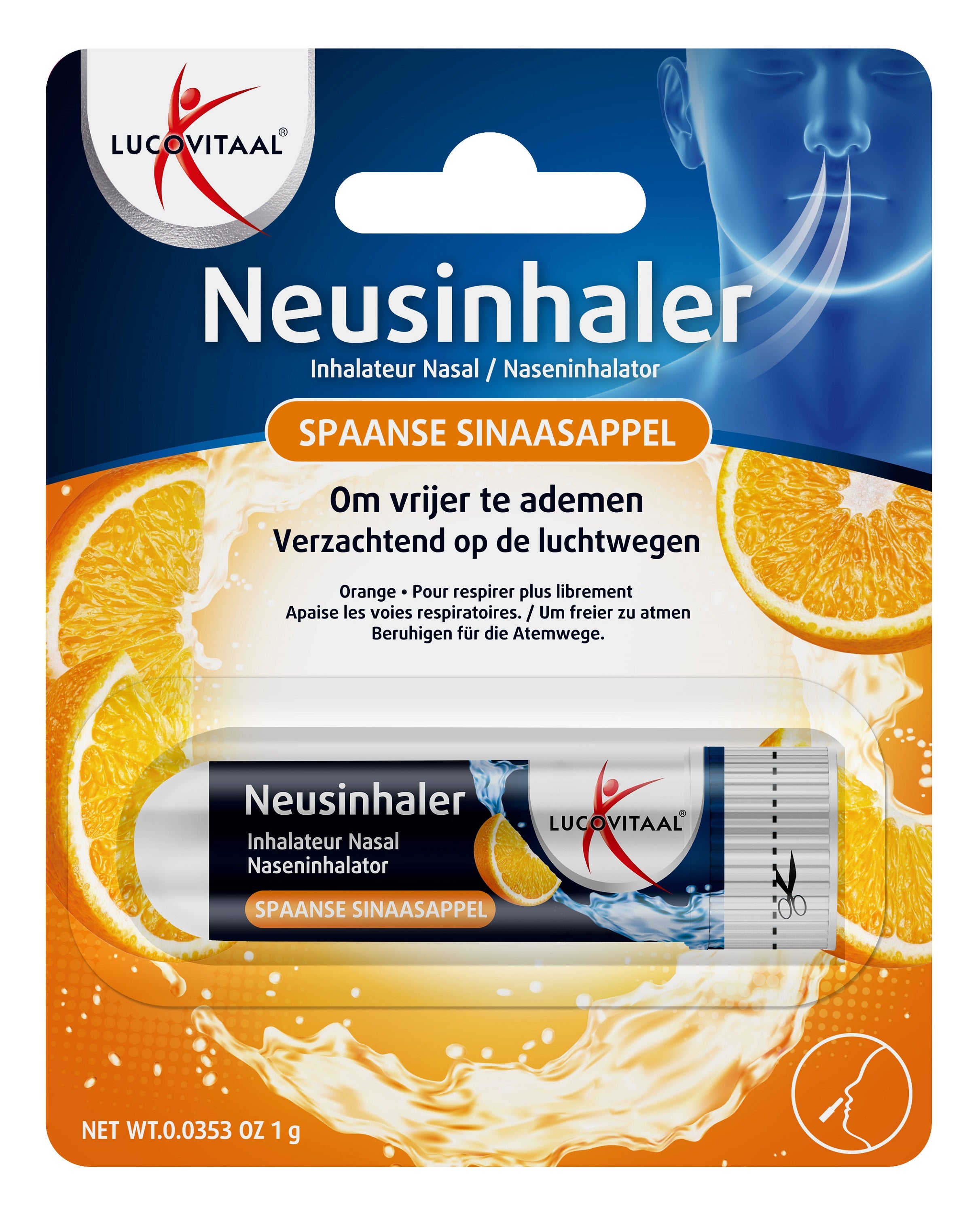 Lucovitaal Neusinhaler with Spanish orange scent, nasal care and inhalation product, 1 piece, shown in the image.
