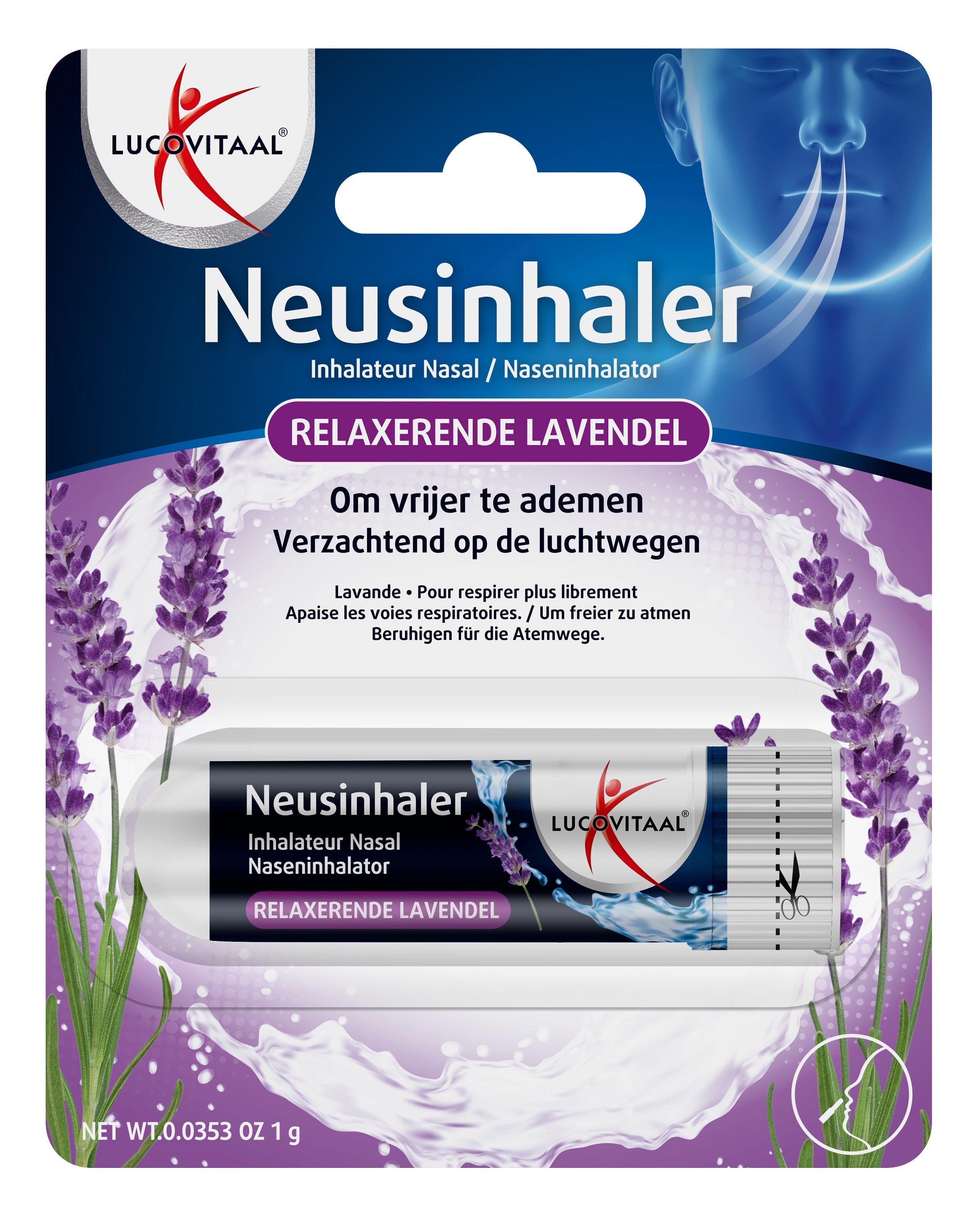 Lucovitaal Neusinhaler met lavendel voor neusverzorging en inhalatie, relaxerend aroma, in compacte verpakking.