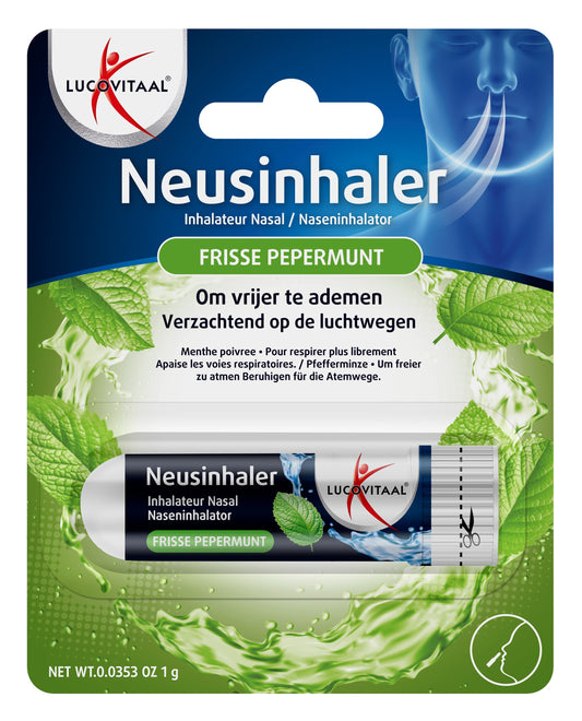 Lucovitaal Neusinhaler frisse pepermunt, nasal inhaler for nasal relief, shown with white and green packaging.