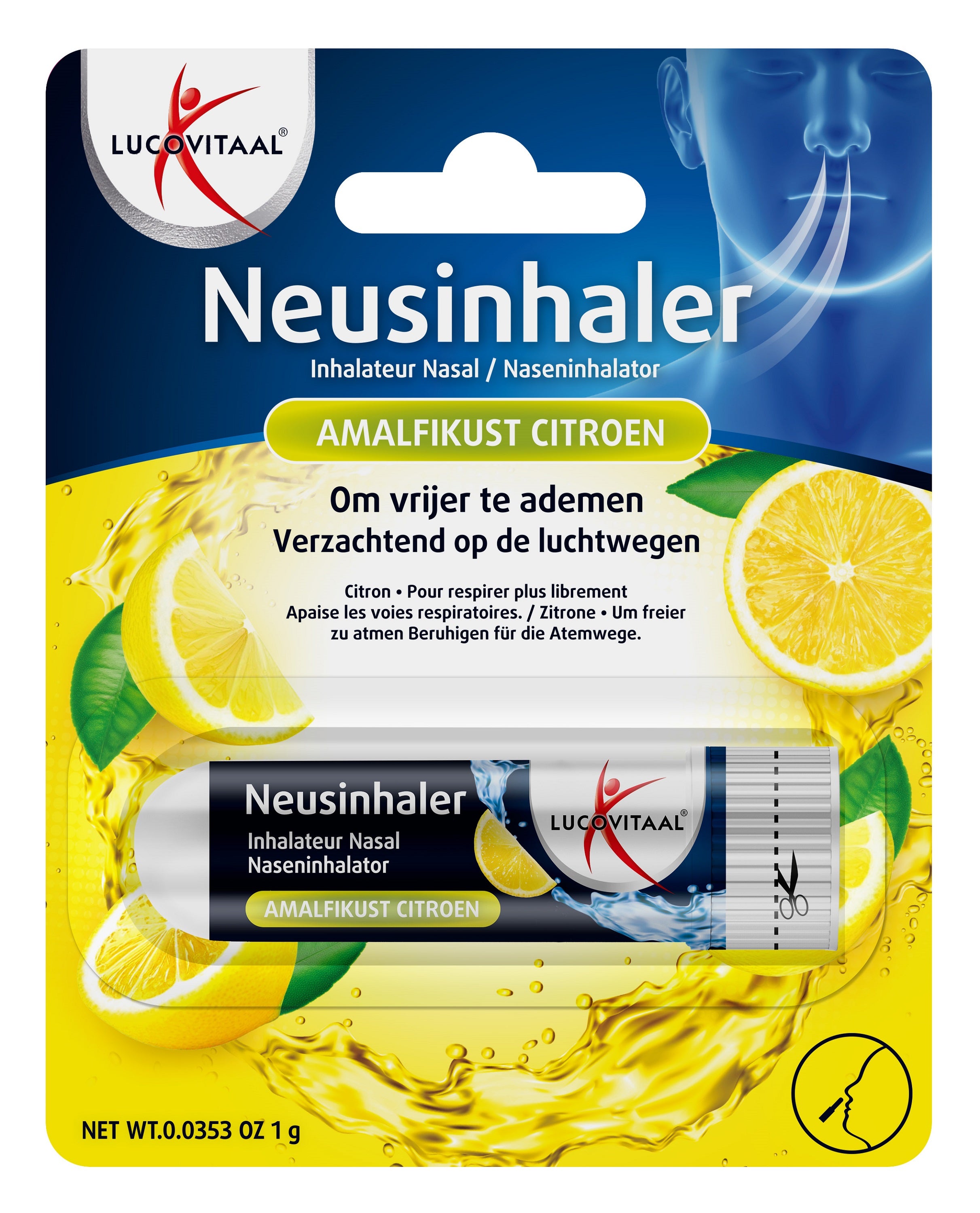 Lucovitaal Neusinhaler Amalfikust Citroen, 1 piece, nasal care and inhalation device, with lemon scent, for nasal relief.