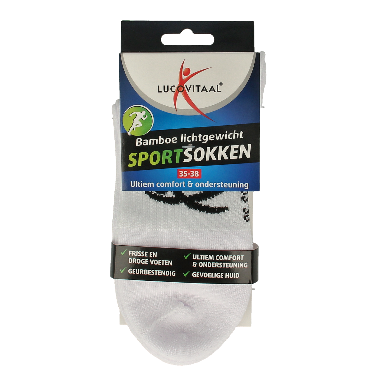 Lucovitaal sportsok bamboe wit, maat 35-38, pair of breathable bamboo socks for active wear.