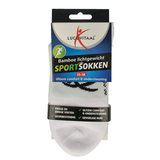 Lucovitaal sportsok bamboe wit, maat 35-38, pair of breathable bamboo socks for active wear.