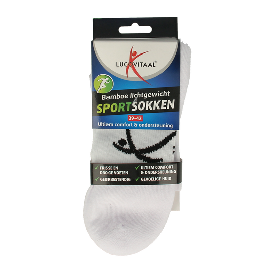 Lucovitaal sports bamboo socks in white, size 39-42, pair of comfortable socks for sports or casual wear.