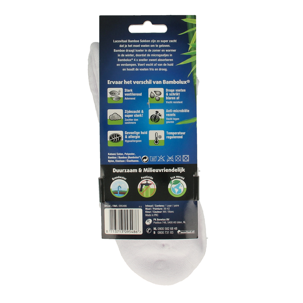 Lucovitaal white bamboo sports socks for size 39-42, pair of comfortable, breathable athletic socks.