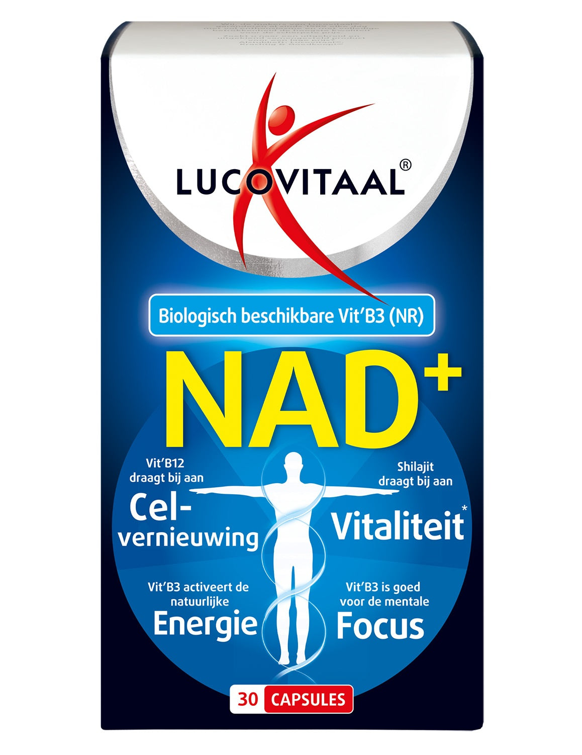 Lucovitaal NAD+ 30 capsules, herbal supplement in a clear bottle with a white label, showing the capsules inside.