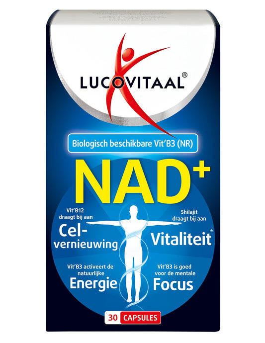 Lucovitaal NAD+ 30 capsules, herbal supplement in a clear bottle with a white label, showing the capsules inside.