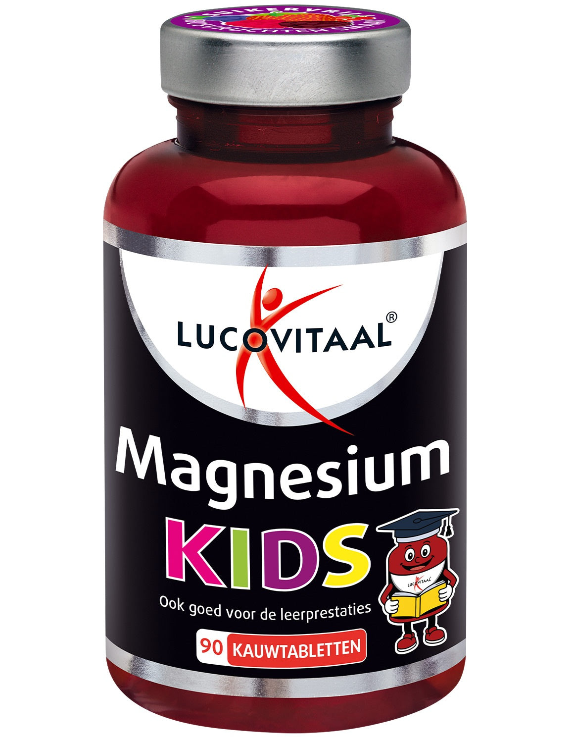 Vegan magnesium chewable tablets for kids by Lucovitaal, 90 mineral supplements in a colorful blister pack.
