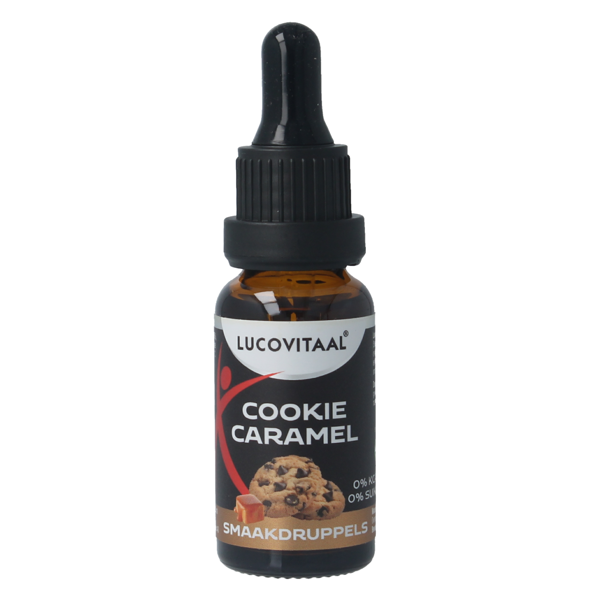 Lucovitaal Cookie Caramel Flavor Drops in a 20ml bottle, used for sauces and flavorings, with caramel and cookie ingredients visible.