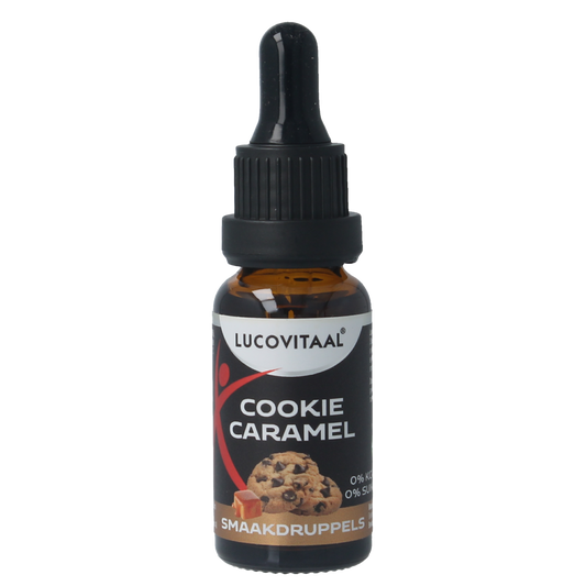 Lucovitaal Cookie Caramel Flavor Drops in a 20ml bottle, used for sauces and flavorings, with caramel and cookie ingredients visible.