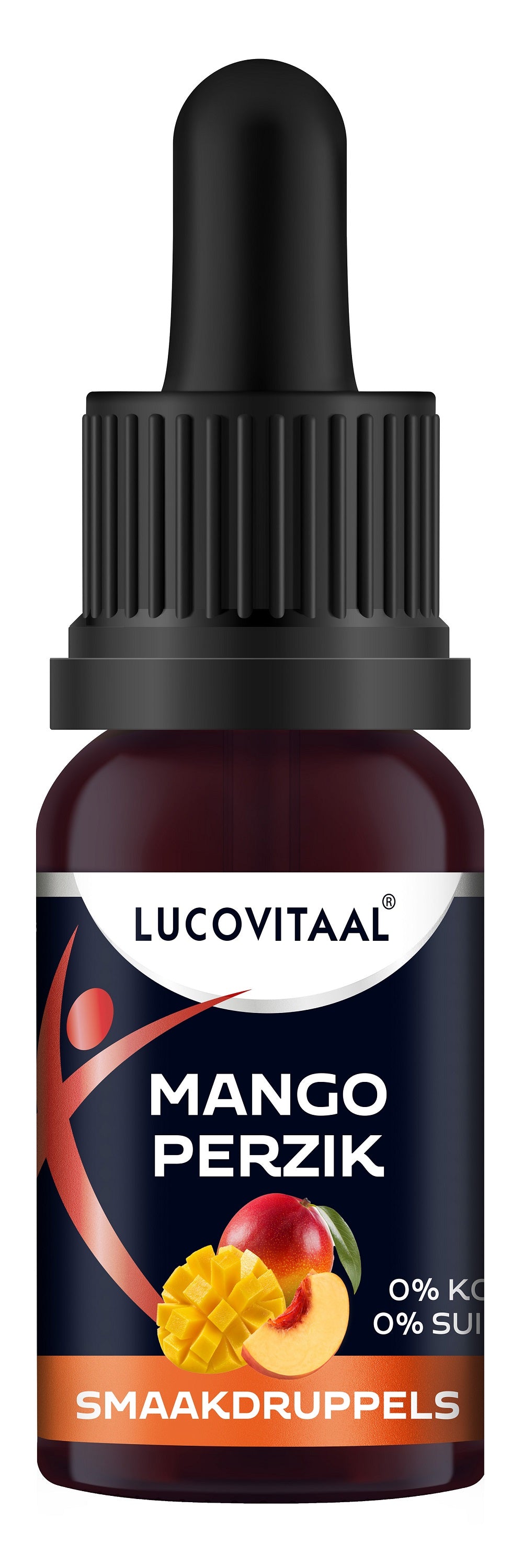 Lucovitaal mango perzik flavor drops in a 20ml bottle, part of sauces and flavorings products, with colorful label and dropper cap.
