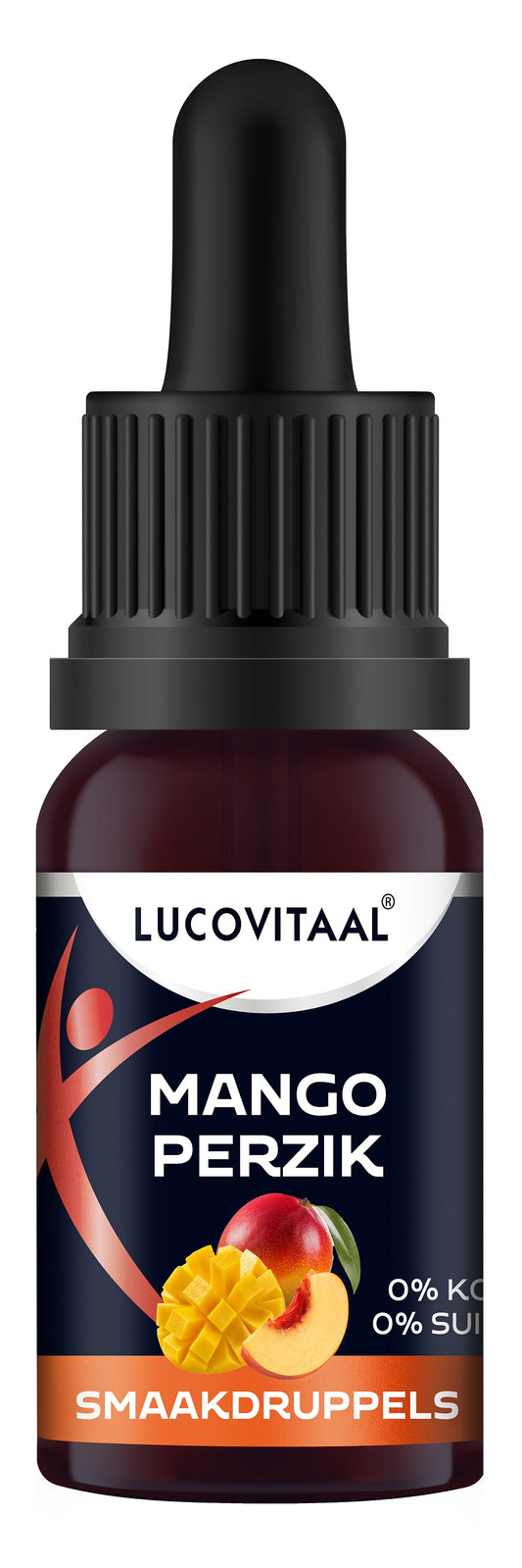 Lucovitaal mango perzik flavor drops in a 20ml bottle, part of sauces and flavorings products, with colorful label and dropper cap.