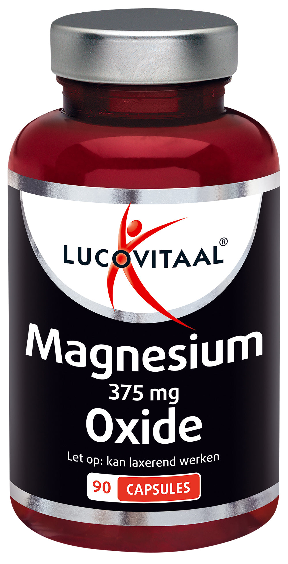 Lucovitaal Magnesium oxide 375mg mineral capsules, showing a bottle of 90 capsules for dietary supplement use.