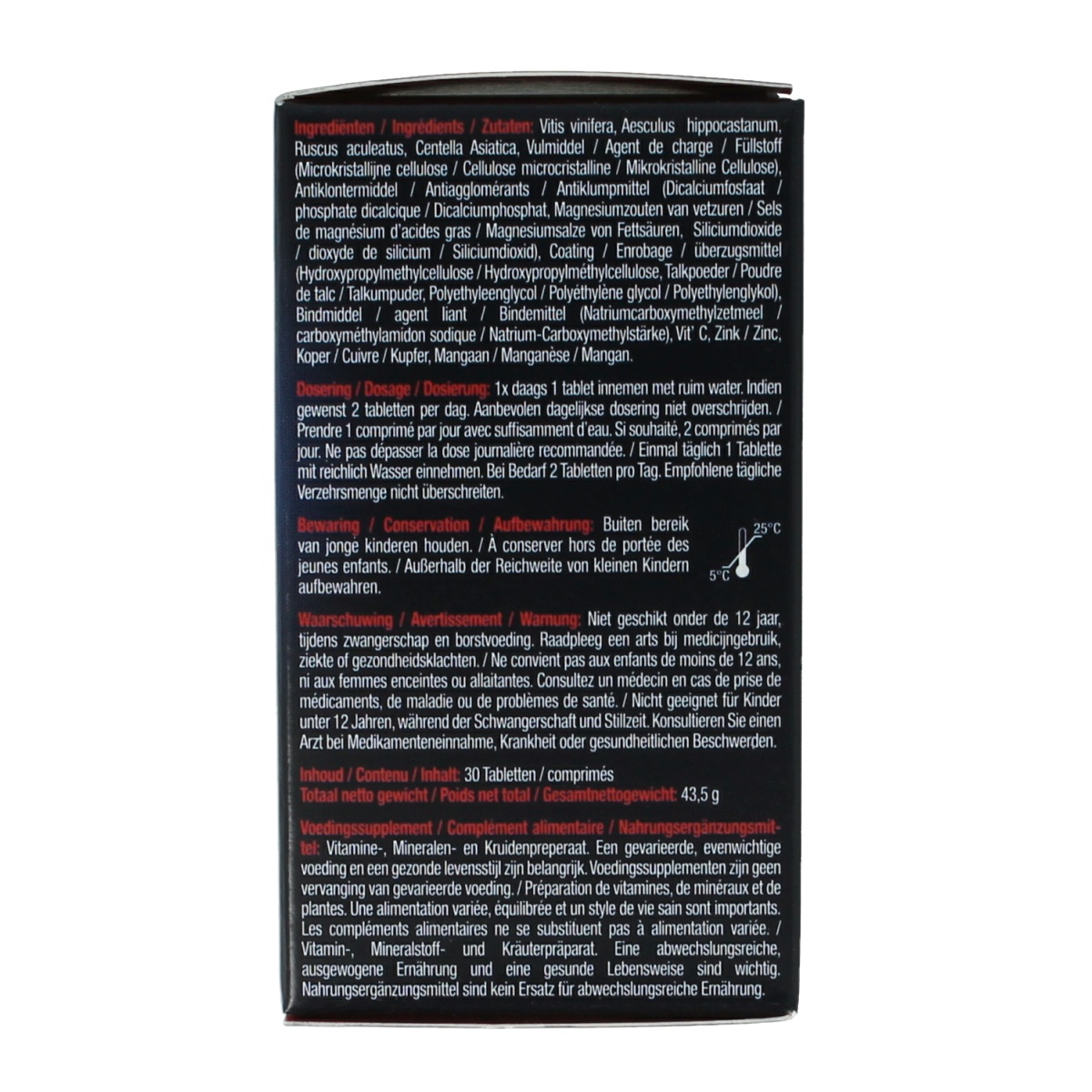 Lucovitaal Benen & Aderen complex supplement with 30 tablets, designed to support leg and vein health.