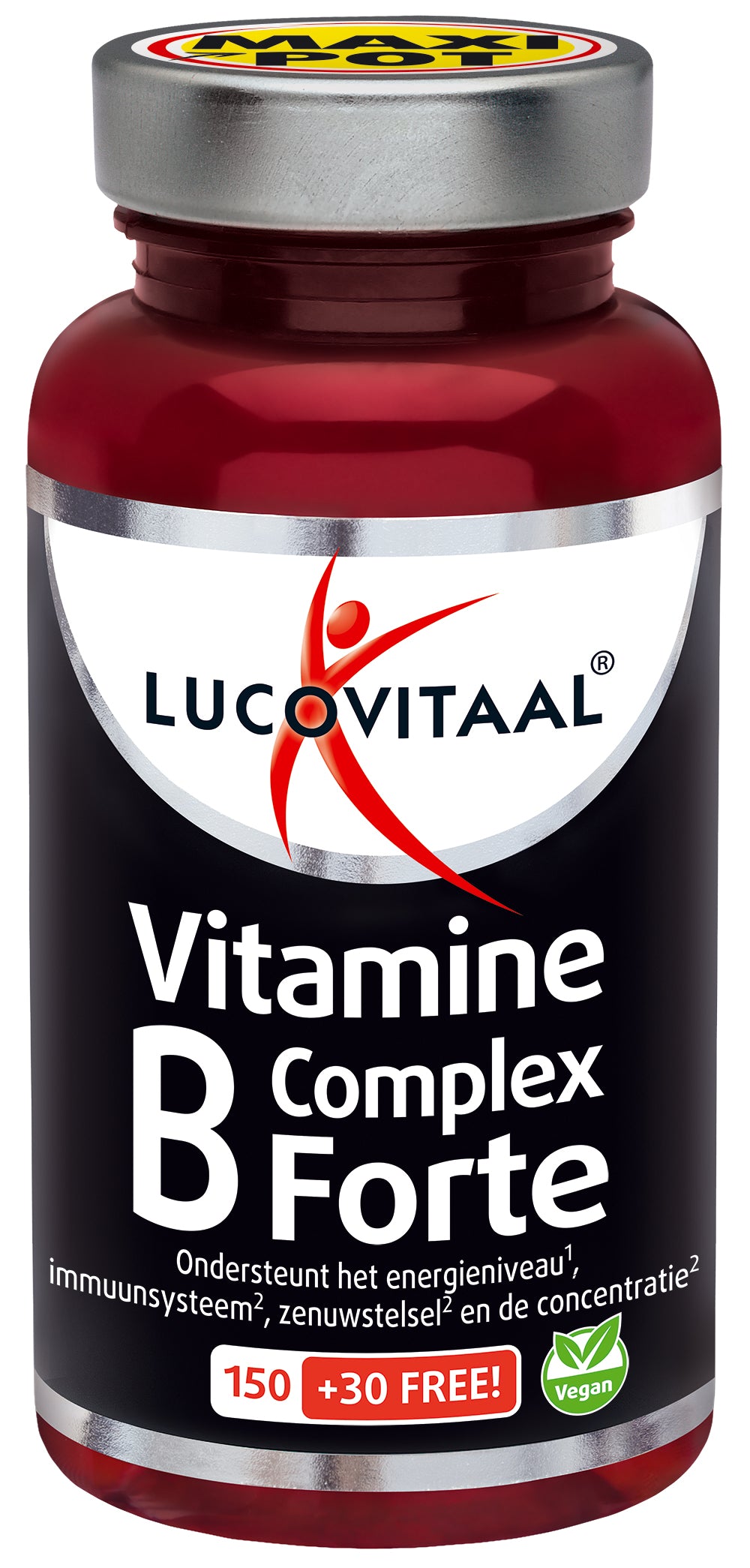 Lucovitaal Vitamin B Complex Forte Maxi bottle with 180 tablets, showing the supplement packaging and tablets inside.
