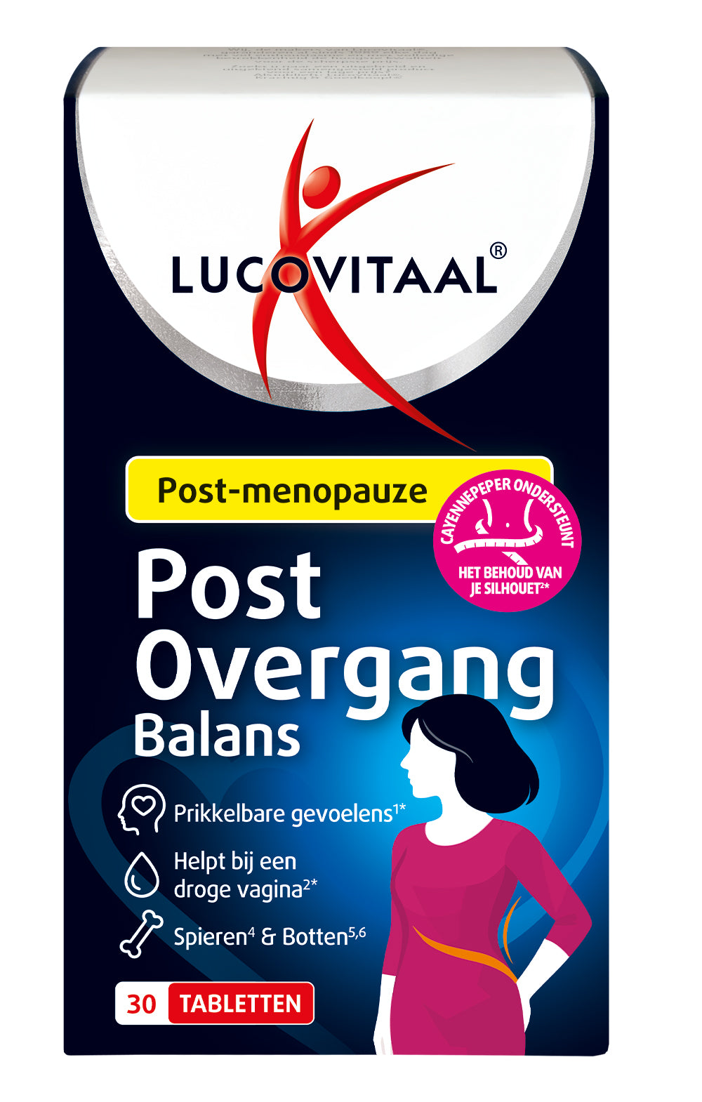 Lucovitaal Post Overgang Balans herbal supplement tablets, natural remedy for hormonal balance, shown in bottle with 30 tablets.