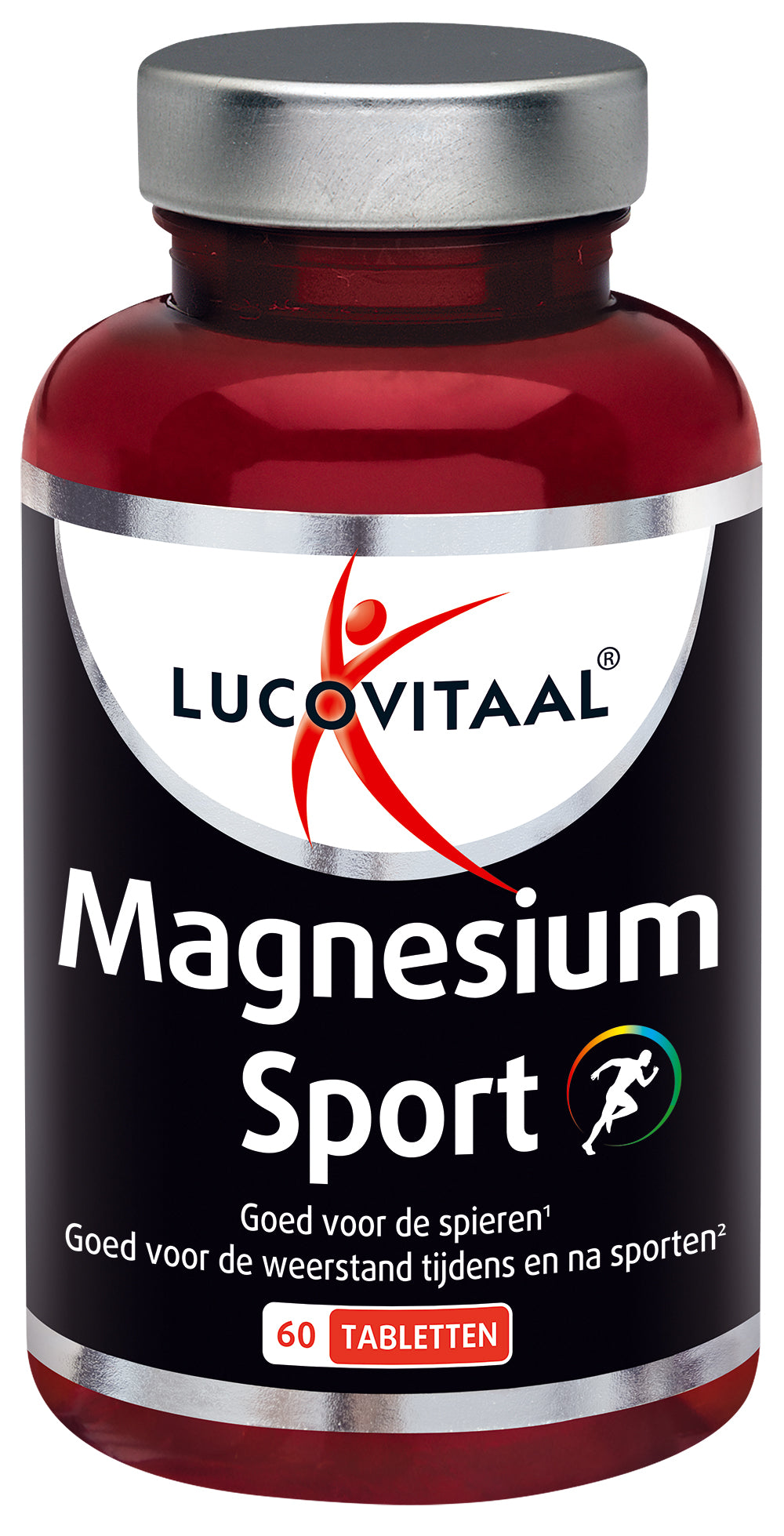Lucovitaal Magnesium Sport mineral supplement in a bottle of 60 tablets, showing the product label and tablets inside.
