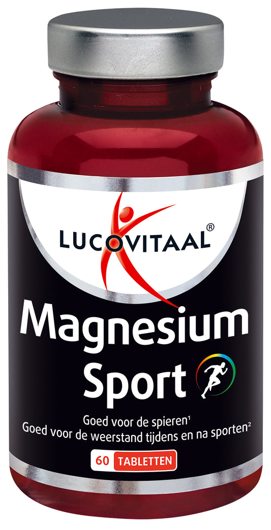 Lucovitaal Magnesium Sport mineral supplement in a bottle of 60 tablets, showing the product label and tablets inside.