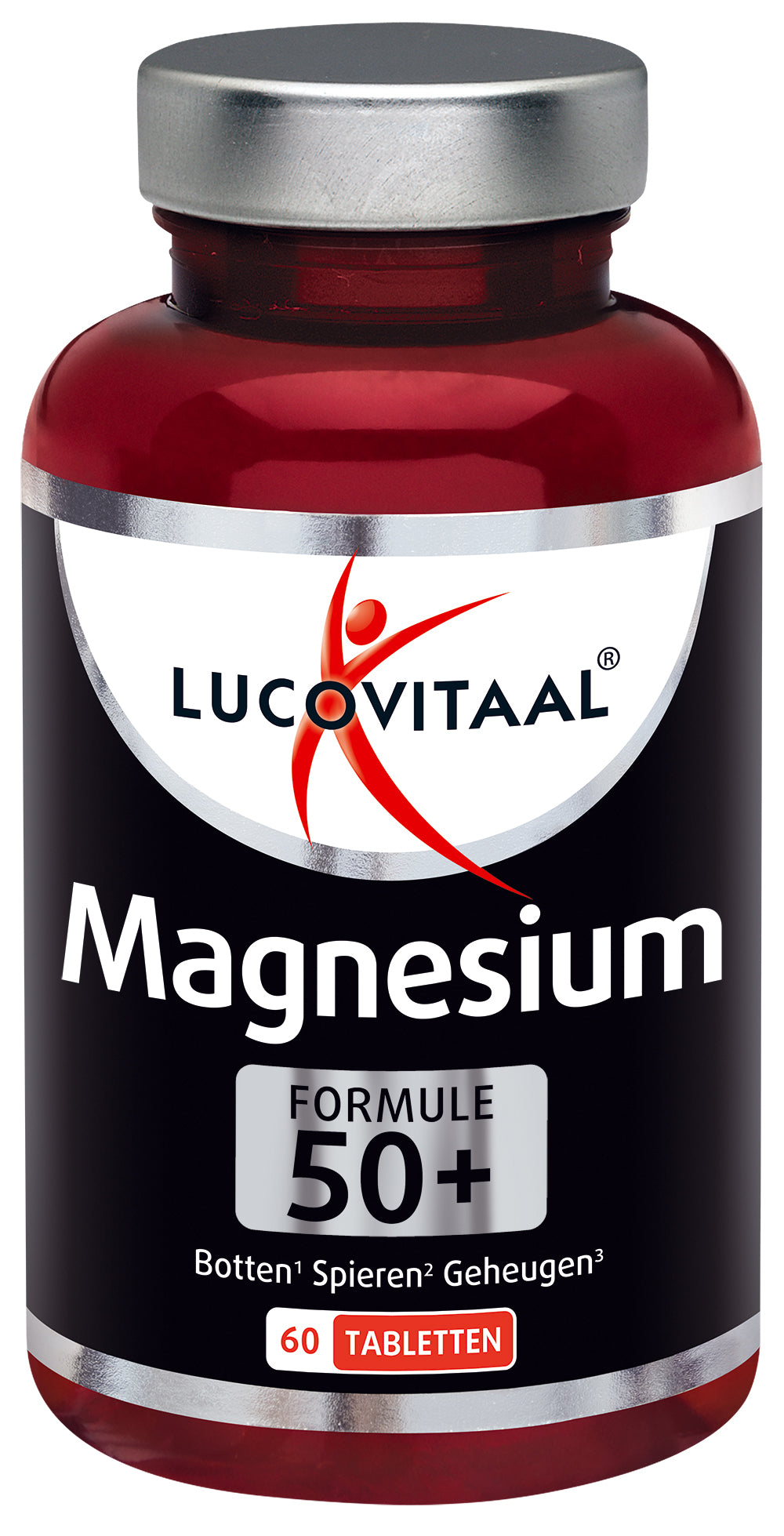 Lucovitaal Magnesium 50+ mineral supplement bottle with 60 tablets, designed for adult magnesium support and health.