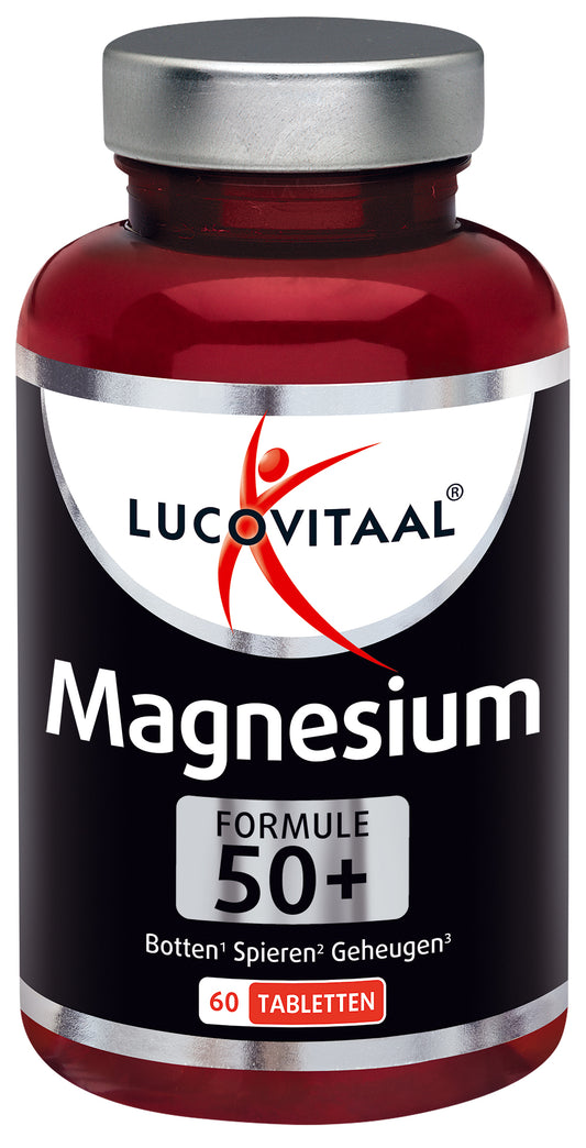 Lucovitaal Magnesium 50+ mineral supplement bottle with 60 tablets, designed for adult magnesium support and health.