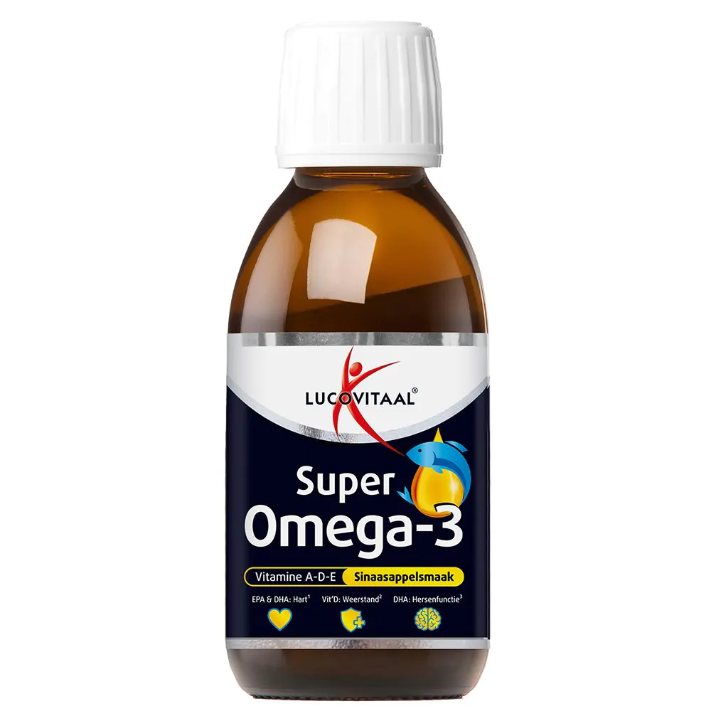Lucovitaal Omega 3 vloeibaar sinaasappel, 125 ml, orange-flavored fish oil supplement in a clear bottle with orange cap.