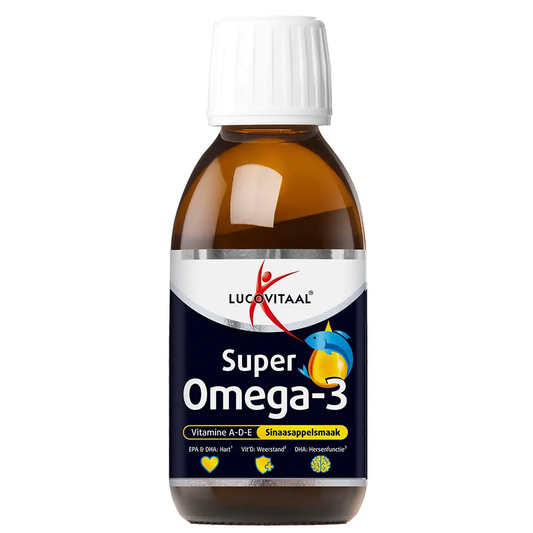 Lucovitaal Omega 3 vloeibaar sinaasappel, 125 ml, orange-flavored fish oil supplement in a clear bottle with orange cap.