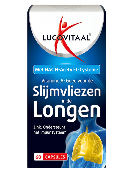 Lucovitaal Slijmvliezen in de longen capsules, nasal and inhalation care supplement, close-up of the bottle and capsules.