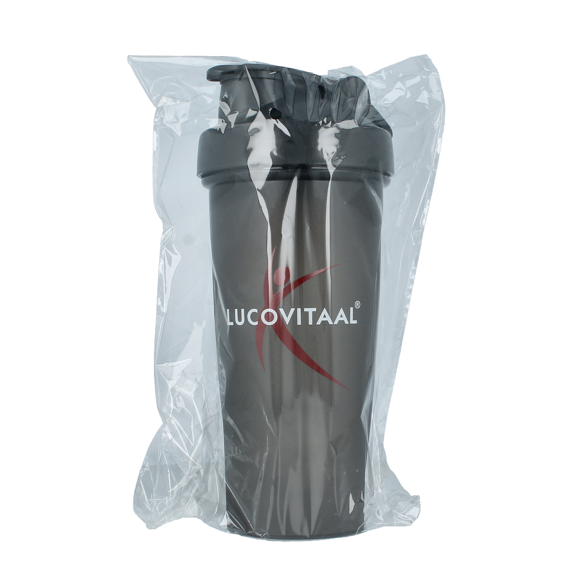 Lucovitaal Shakebeker classic for cooking and dining, 1 piece, with a clear plastic body and screw-on lid for mixing drinks.