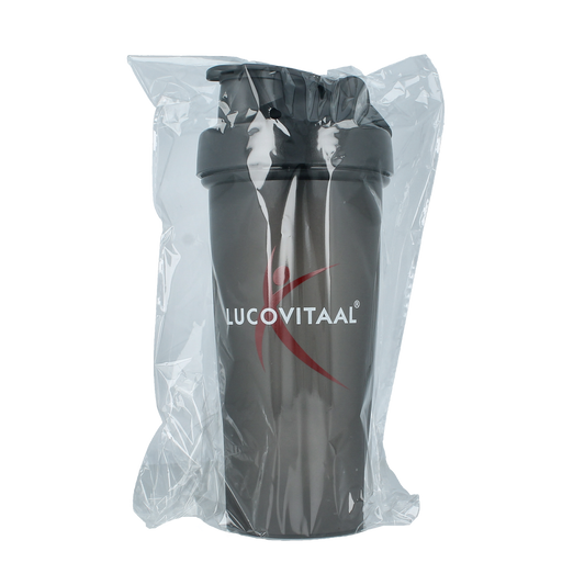 Lucovitaal Shakebeker classic for cooking and dining, 1 piece, with a clear plastic body and screw-on lid for mixing drinks.