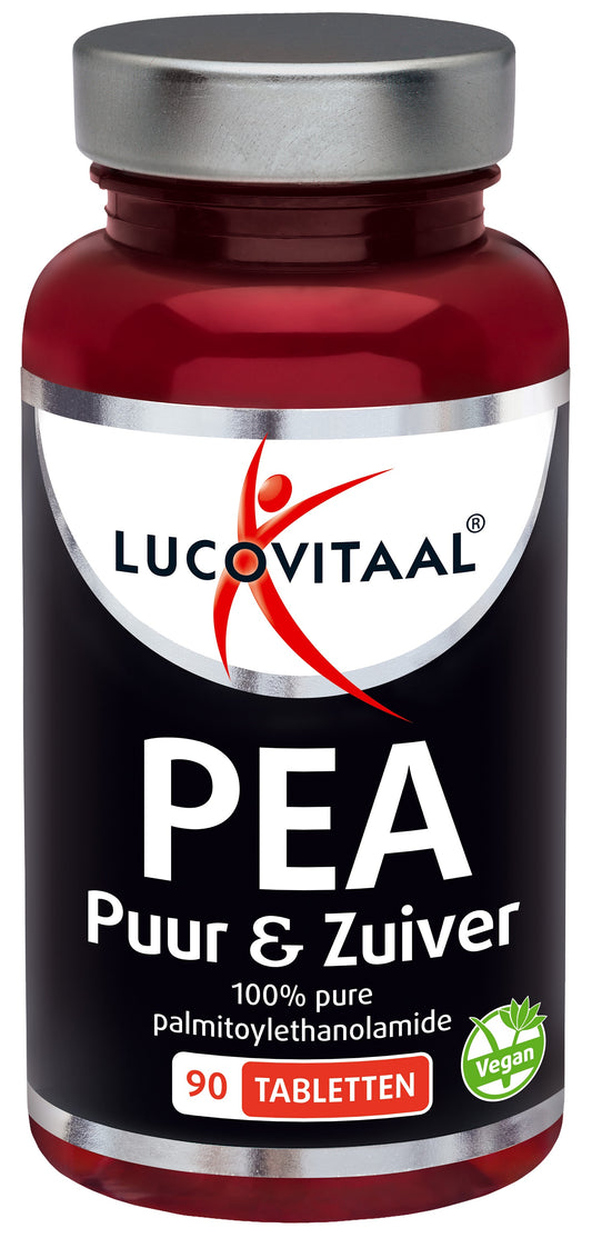 Lucovitaal Pea puur & zuiver herbal supplement in a bottle of 90 tablets, natural herbal remedy for wellness.