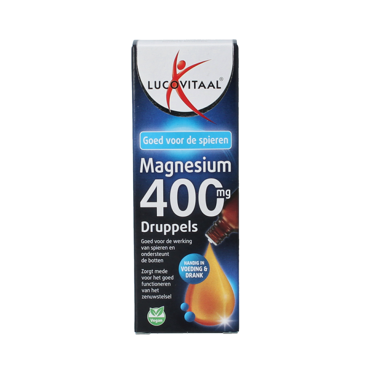 Lucovitaal Magnesium 400mg mineral drops in a 50ml bottle, natural supplement for magnesium intake, showing the dropper and bottle.