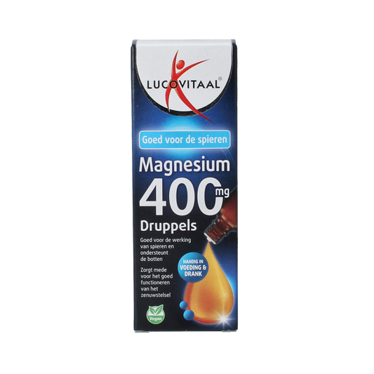 Lucovitaal Magnesium 400mg mineral drops in a 50ml bottle, natural supplement for magnesium intake, showing the dropper and bottle.