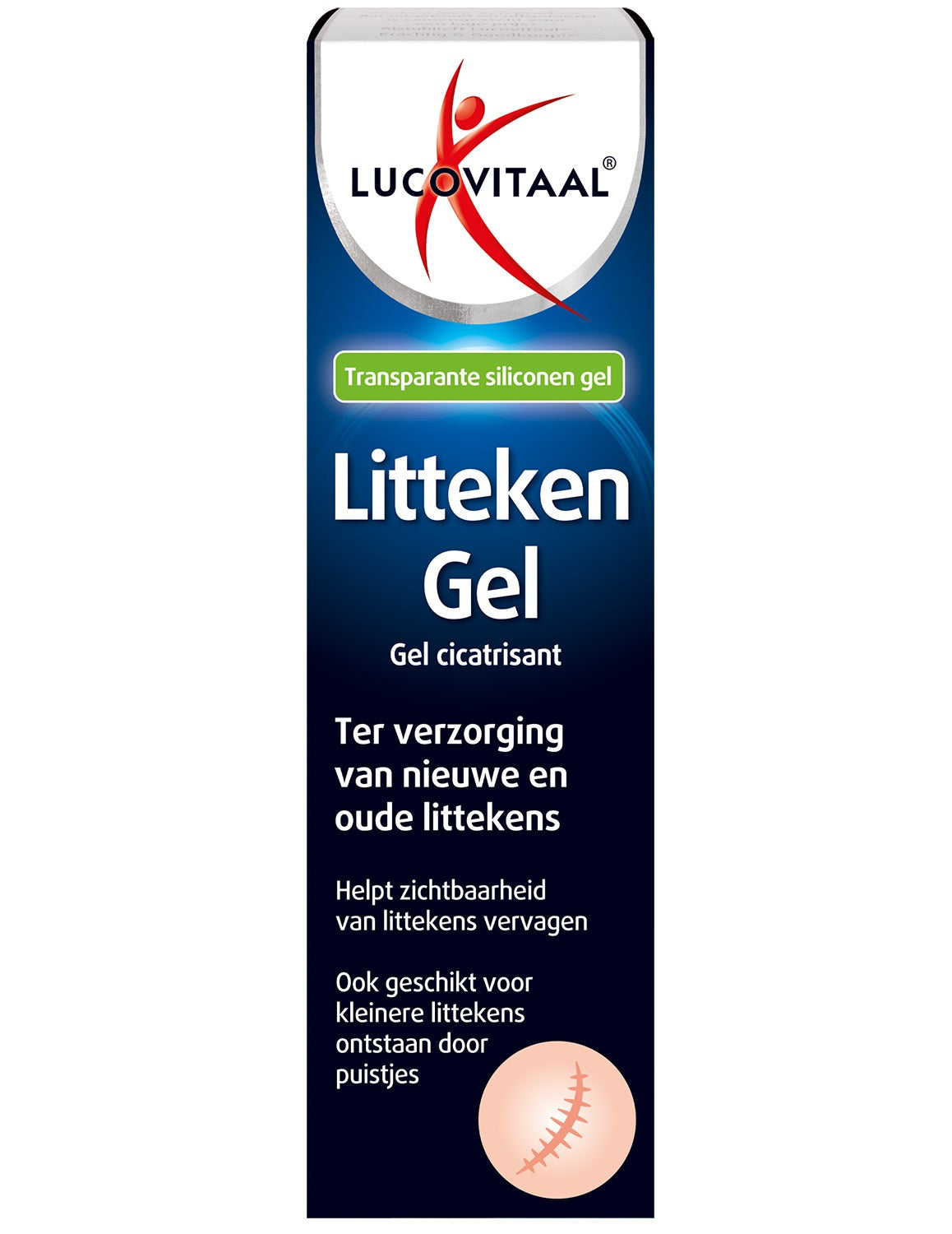 Lucovitaal Littekengel 20ml bottle for skin care, featuring clear gel in a small packaging with label, designed for scar treatment.