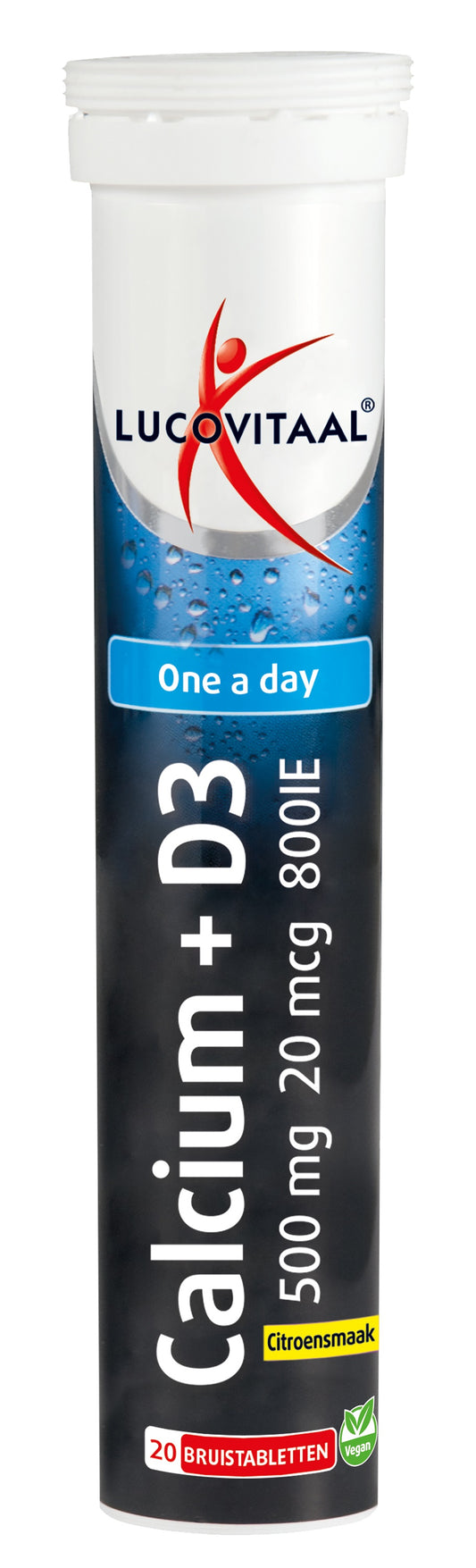 Lucovitaal Calcium + D3 citroen mineral supplement, 20 effervescent tablets with lemon flavor, showing the packaging and tablets.