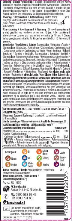 Lucovitaal Calcium + D3 citroen mineral supplement with 20 effervescent tablets, featuring lemon flavor and vital mineral nutrients.