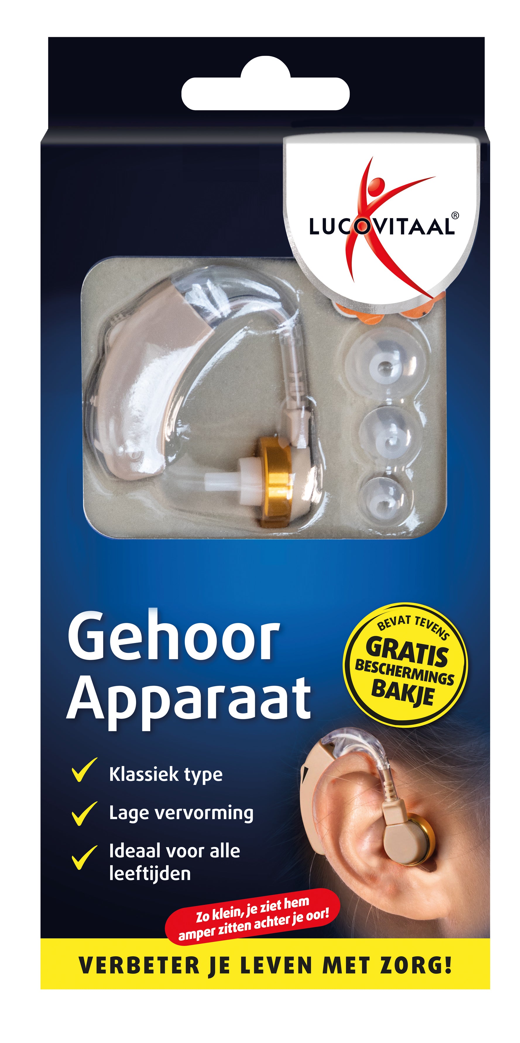 Lucovitaal hearing aid for ear care, single piece, small device designed for ear health and hearing support.