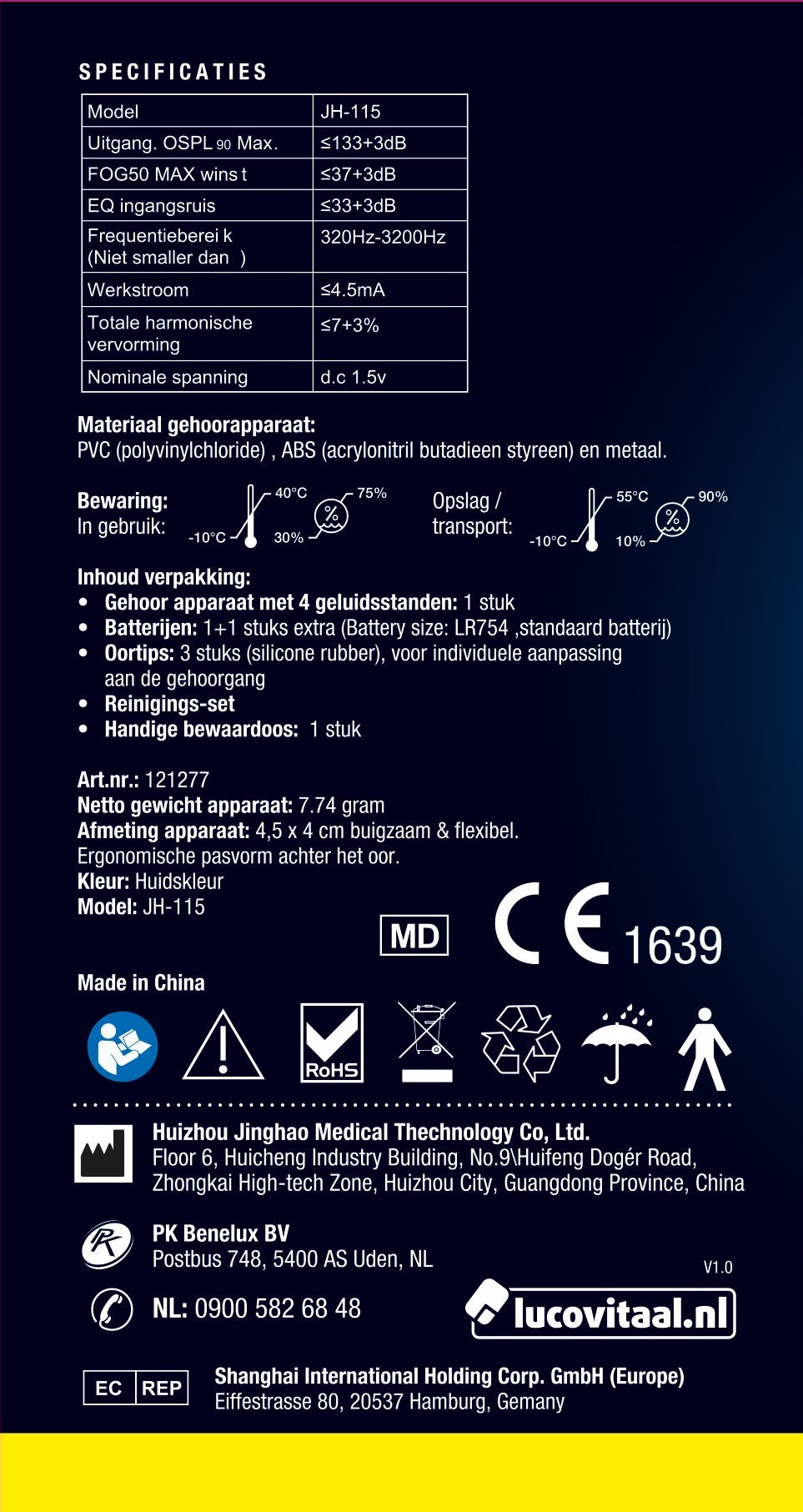 Lucovitaal hearing aid in ear, ear care product, small device for hearing support, close-up view of the Lucovitaal brand hearing aid