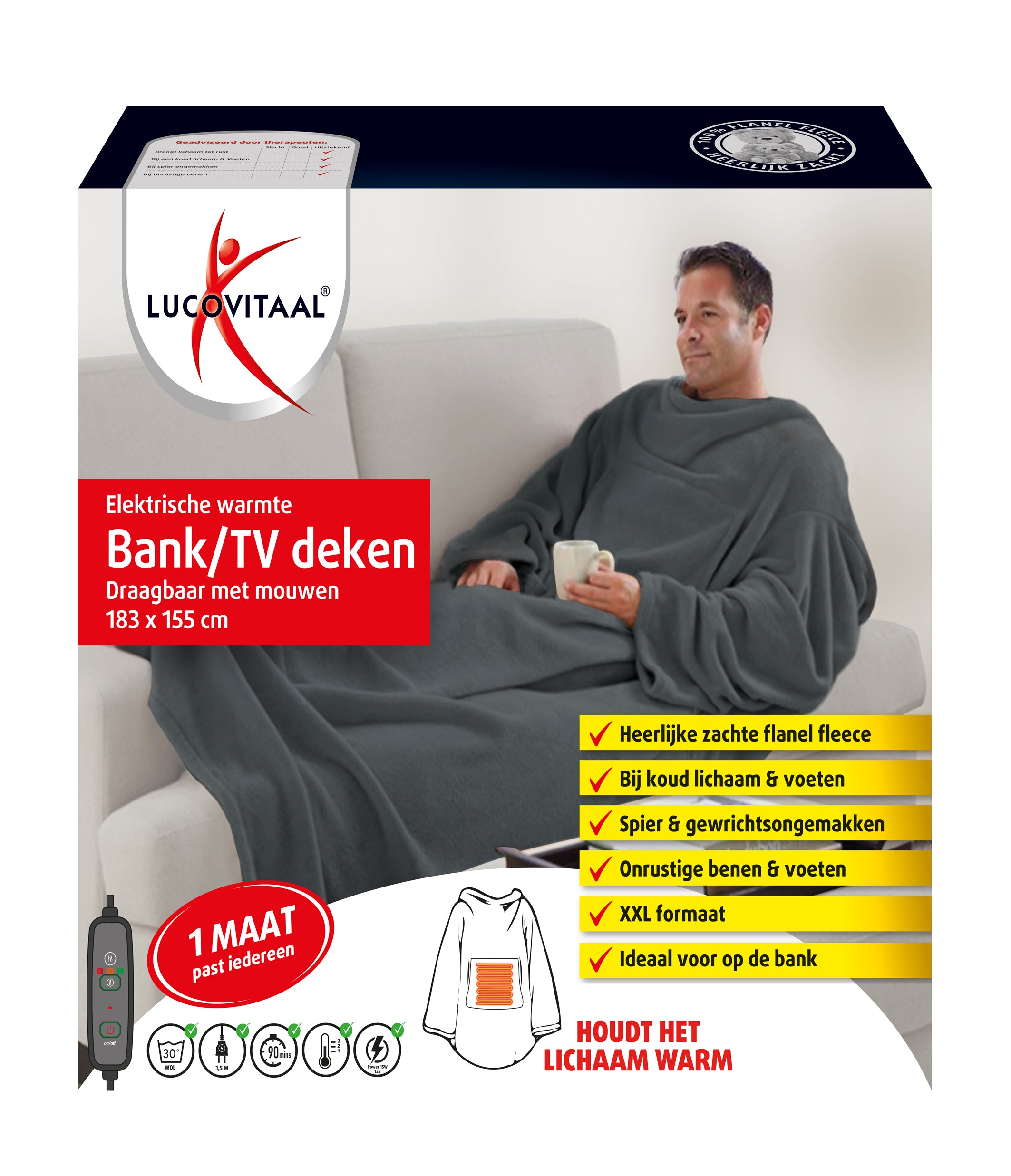 Pair of Lucovitaal electric heated blankets designed for living room comfort, featuring soft fabric and adjustable heat settings.