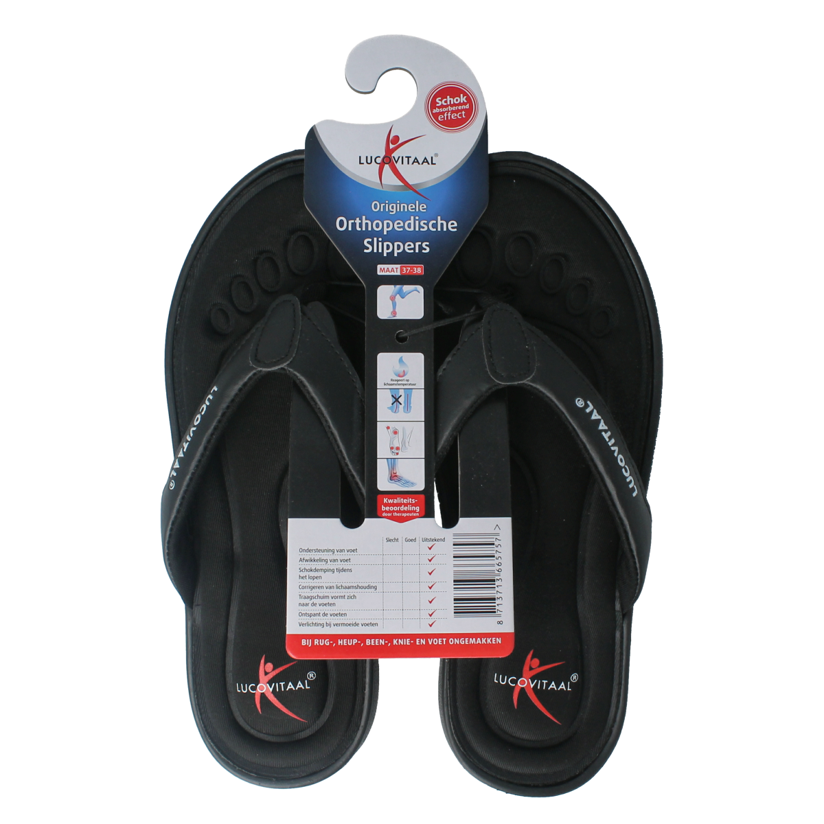 Black Lucovitaal orthopedic slippers for size 37-38, shown in a pair, featuring supportive design for comfort.