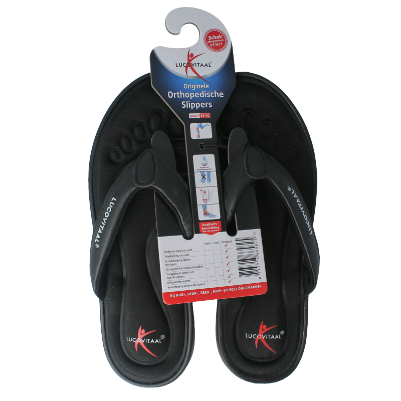 Black Lucovitaal orthopedic slippers for size 39-40, pair, showing comfortable, supportive footwear with textured soles.
