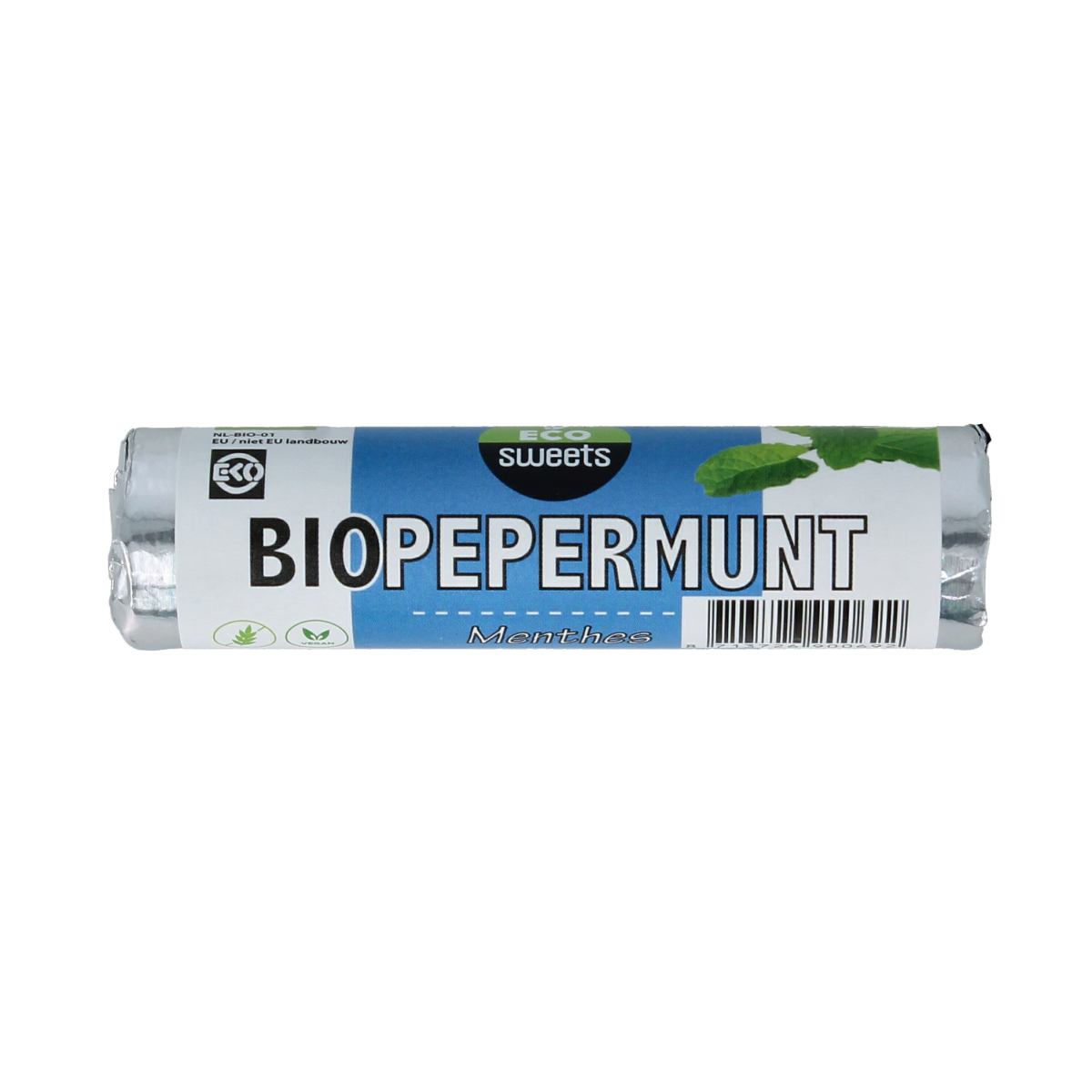 Eco Sweets Pepermuntrolletjes bio, natural peppermint candy with green and white striped appearance, 21 grams of organic snoepgoed.