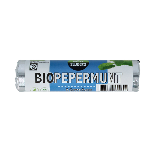 Eco Sweets Pepermuntrolletjes bio, natural peppermint candy with green and white striped appearance, 21 grams of organic snoepgoed.